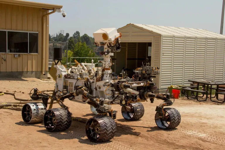 Mars rover prototype at a NASA test facility in Los Angeles, showcasing space exploration technology.